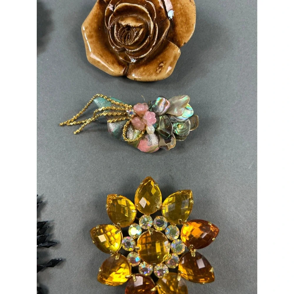 Vintage Brooch Lot 6pc Lisner Amber Rhinestone Blue Enamel Daisy Black Starburst